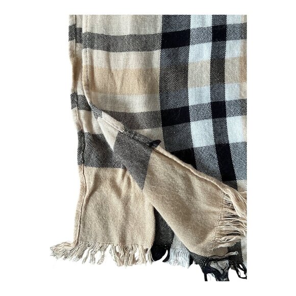 Classic Check Pattern Scarf Neutral Tan Fringe Wrap Large Lightweight - Picture 4 of 5